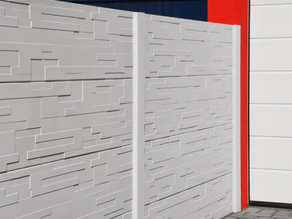 Betonzaun Motiv Tetris – verschachtelte geometrische Struktur als Sichtschutz im Baukastensystem Standard S